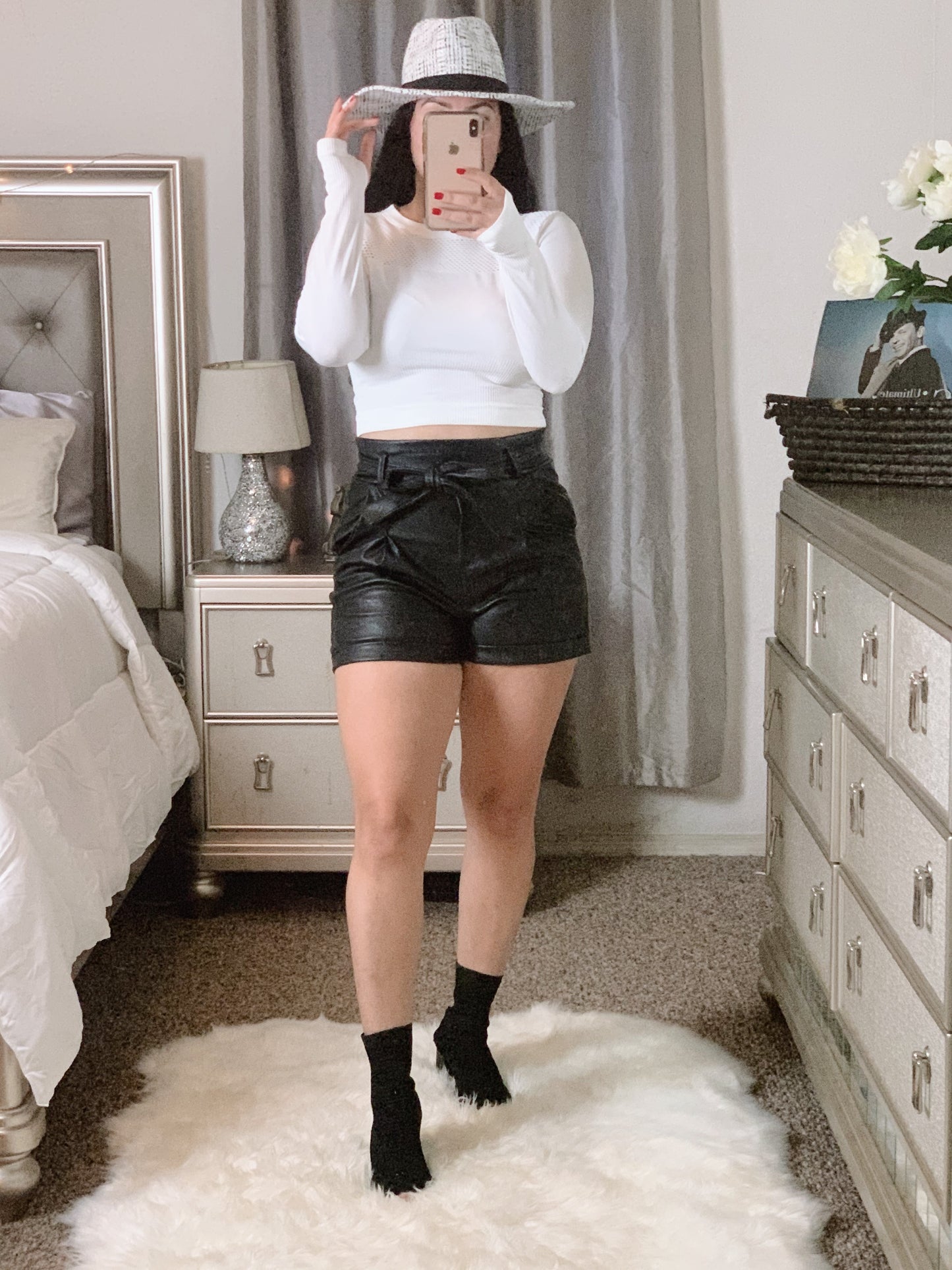 black leather shorts