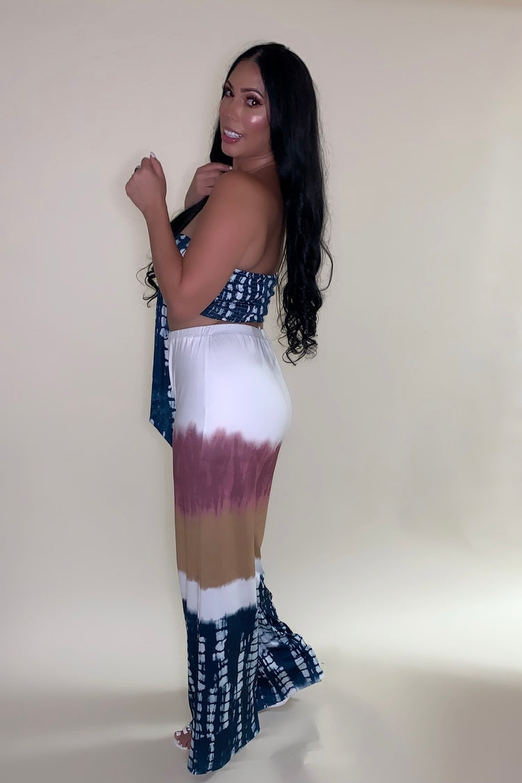 tie dye strapless top and wide leg pant