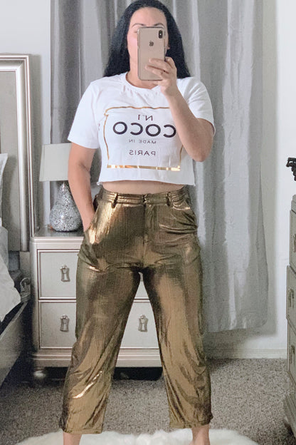 gold metallic pants