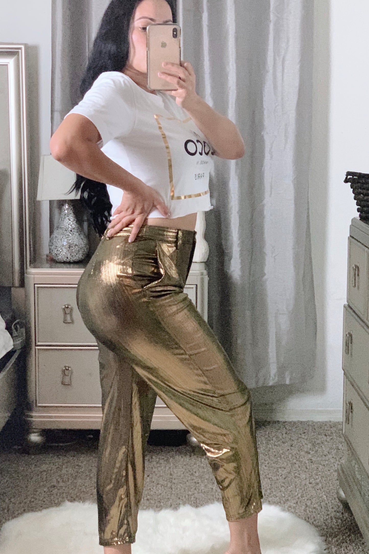 gold pants outfit